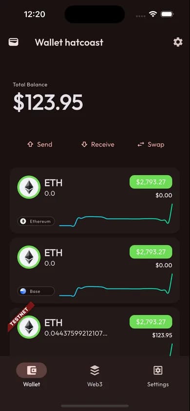Wallet overview showing total balance and token values